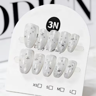 White and Silver Star Press-On Nails