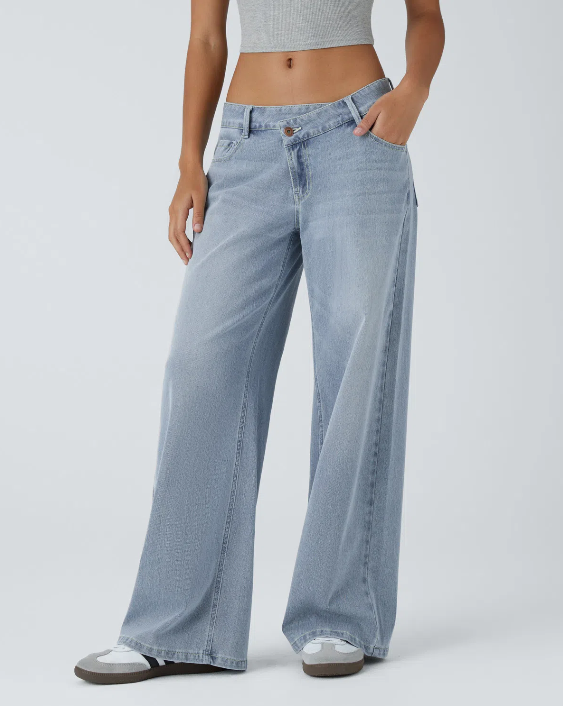 Halara Flex™ Asymmetric Low Rise Zipper Pocket Wide Leg Washed Casual Jeans — Deep Ink Black Denim