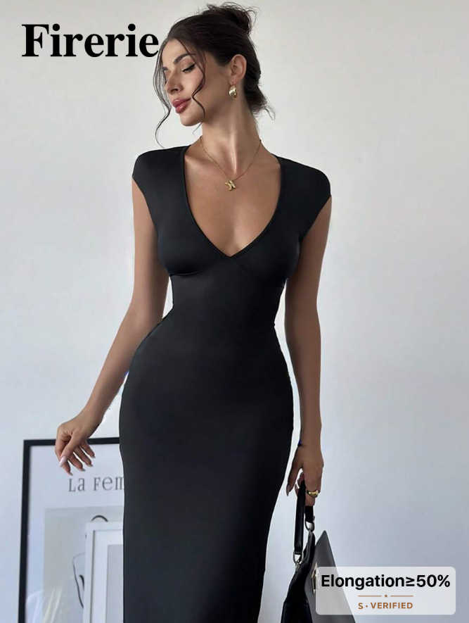 Firerie Puff-Sleeve Deep V-Neck Bodycon Maxi Dress