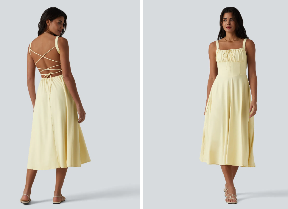 Halara Crisscross Backless Square Neck Ruched Built-in Bra Midi Flowy Milkmaid Dress — Vague Yellow