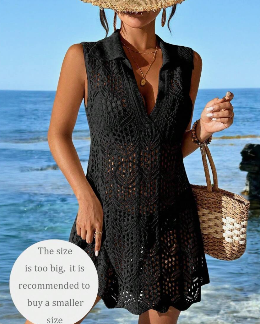 Sheer Sleeveless Shell-Hem Swim Cover-Up Dress