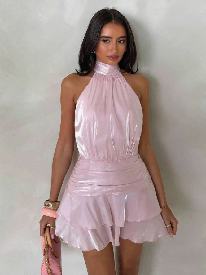 Glamine Light Pink Satin-Chiffon Halter Mini Dress