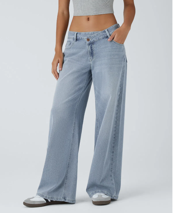 Halara Flex™ Asymmetric Low Rise Zipper Pocket Wide Leg Washed Casual Jeans — Beige Denim