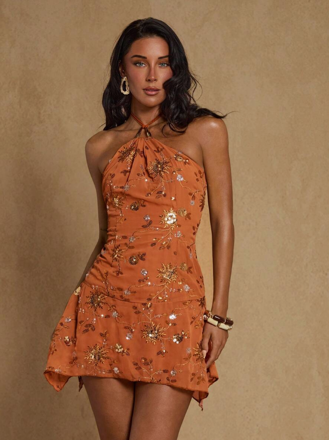 Glamine Burnt Orange Sequined V-Neck Mini Dress