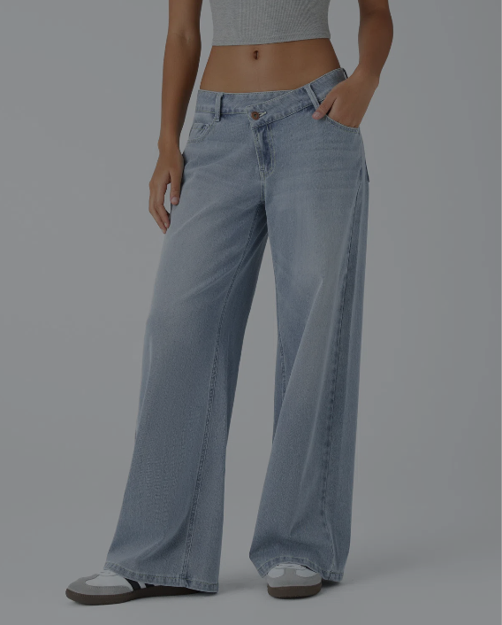 Halara Flex™ Asymmetric Low Rise Zipper Pocket Wide Leg Washed Casual Jeans — Light Azure Denim