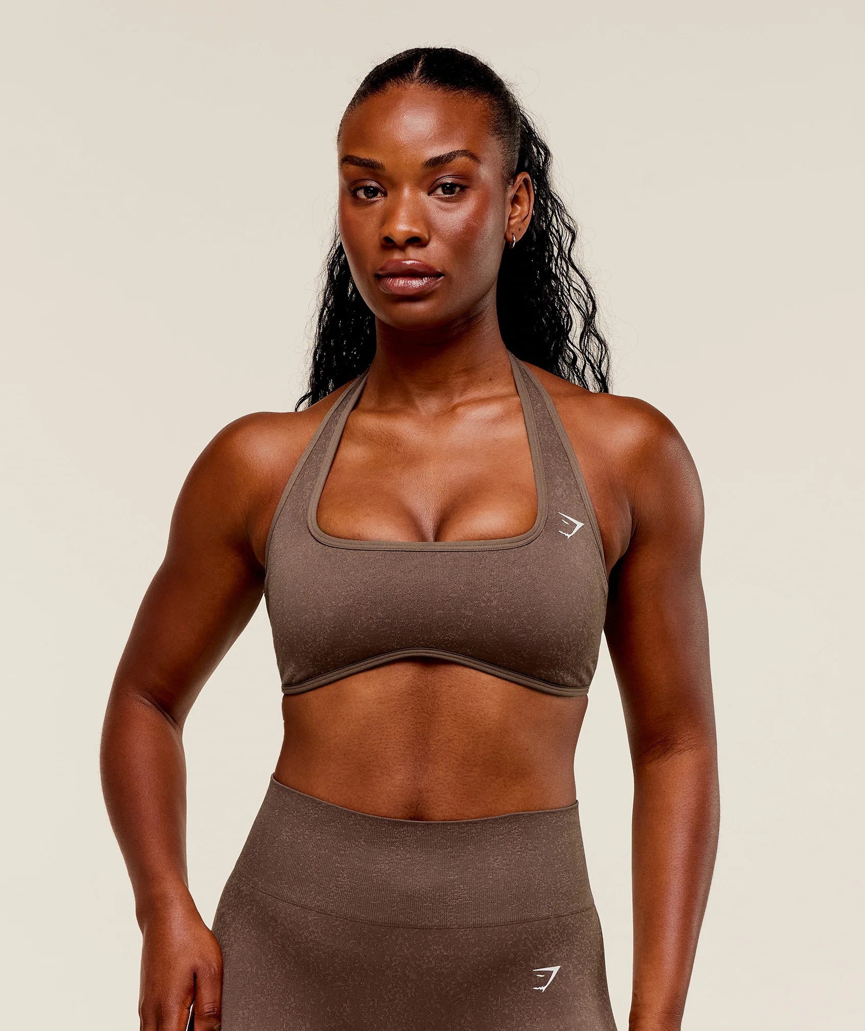 Adapt Fleck x Whitney Halterneck Sports Bra - Soft Brown/Chestnut Pink