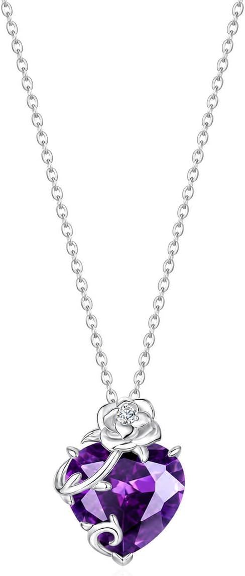 FANCIME Sterling Silver Heart and Rose Birthstone Necklace
