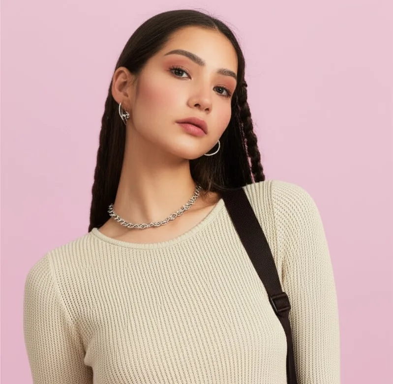 A fashion creator wearing a styled outfit